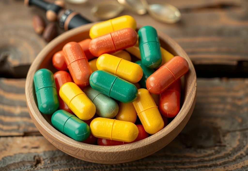 Tabletas de vitaminas de colores vibrantes en un cuenco de madera