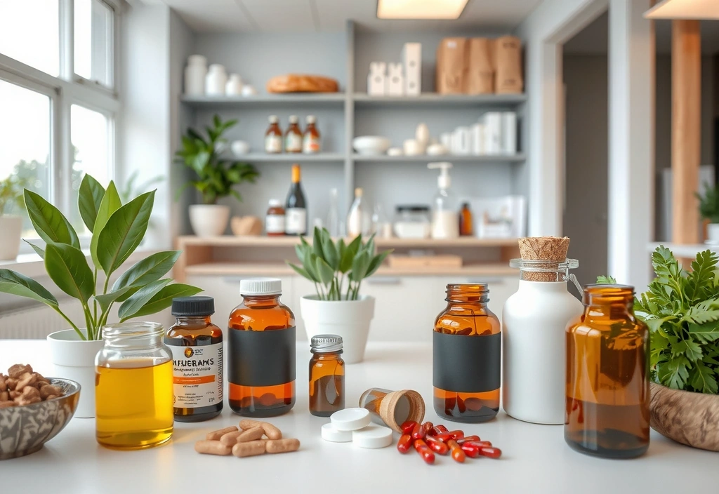 Variedad de suplementos naturales y hierbas en un entorno de laboratorio limpio