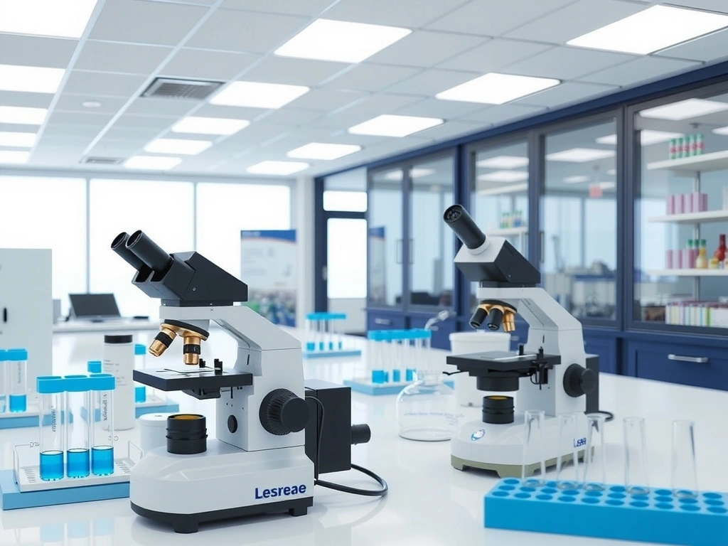 Ilustración de un laboratorio moderno con equipos científicos y probetas